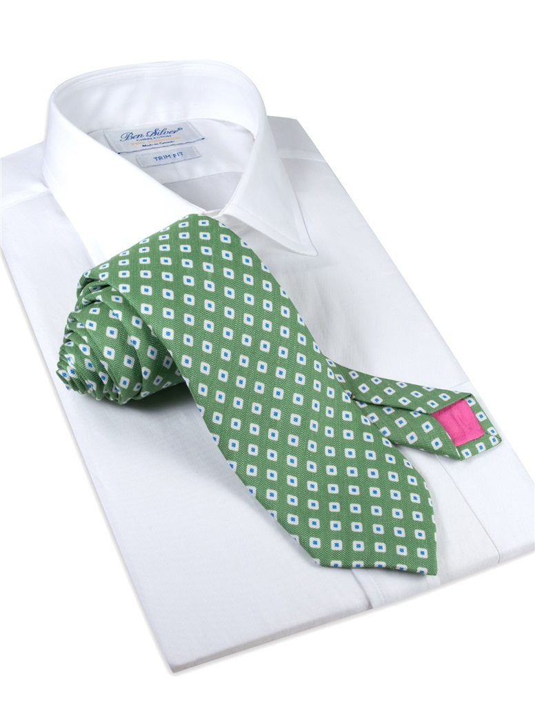 Silk and Linen Square Motif Printed Tie in Lime