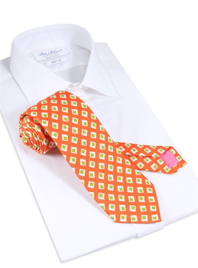 Silk and Linen Diamond Printed Tie in Tangerine