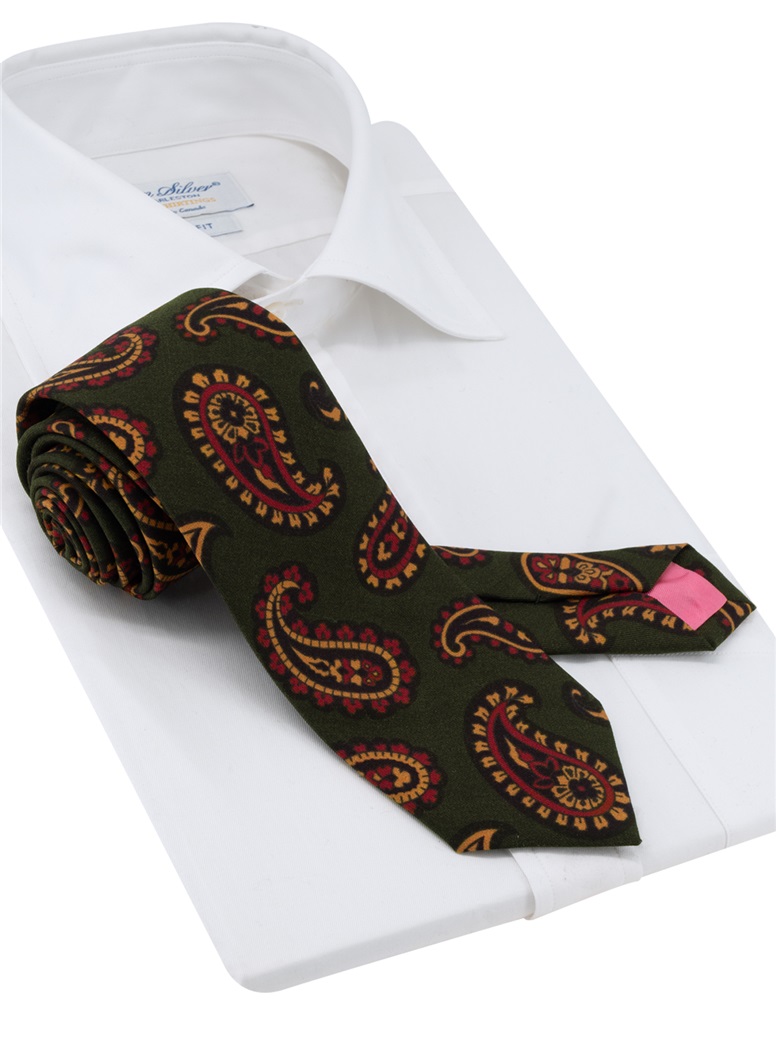 Wool Large Printed Paisley Tie in Deep Fern