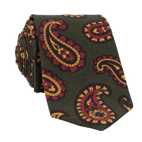 Wool Large Printed Paisley Tie in Deep Fern