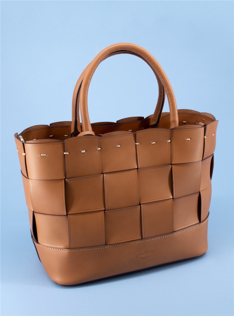 Ladies Leather Woven Tote in Tan