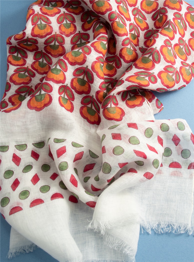 Linen Floral Printed Scarf in Ivory