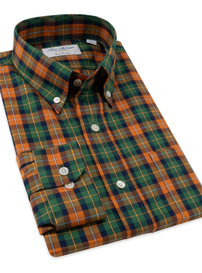 Orange and Green Large Check Button Down