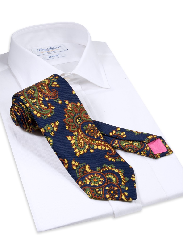 Silk Printed Paisley Tie in Navy