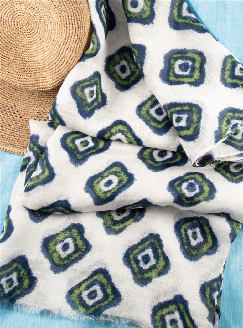 Linen Diamond Printed Scarf in White and Sage