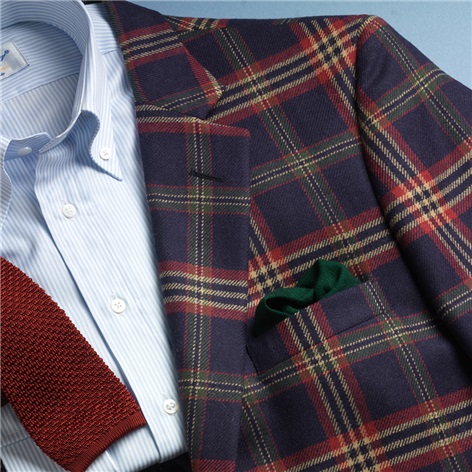 Navy Lambswool Sport Coat with Large Plaid in Hedge, Cranberry, and Beige