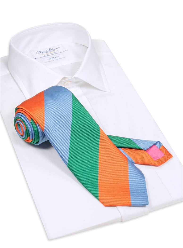 Woven Block Stripe Tie in Teal, Tangerine and Sky