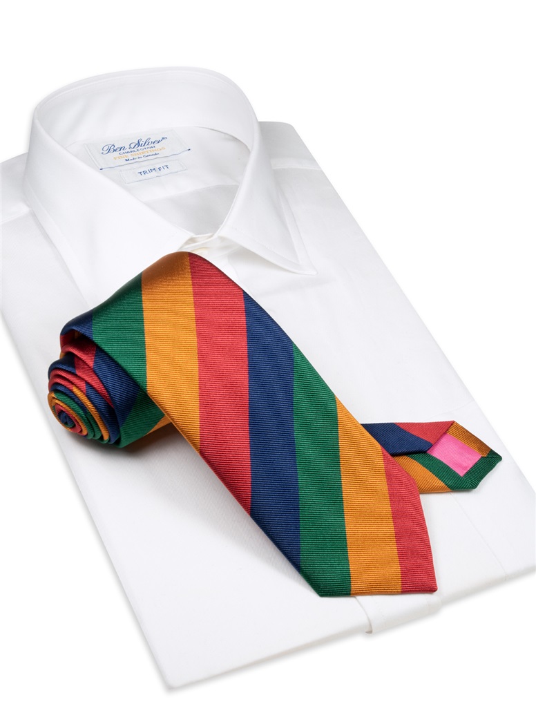 Silk Block Stripe Tie in Copper, Red, Navy and Green
