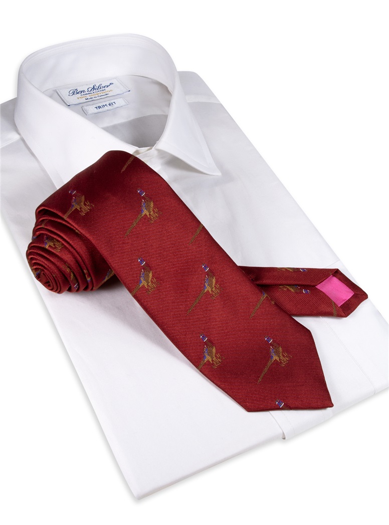 Jacquard Woven Pheasant Motif Tie in Ruby