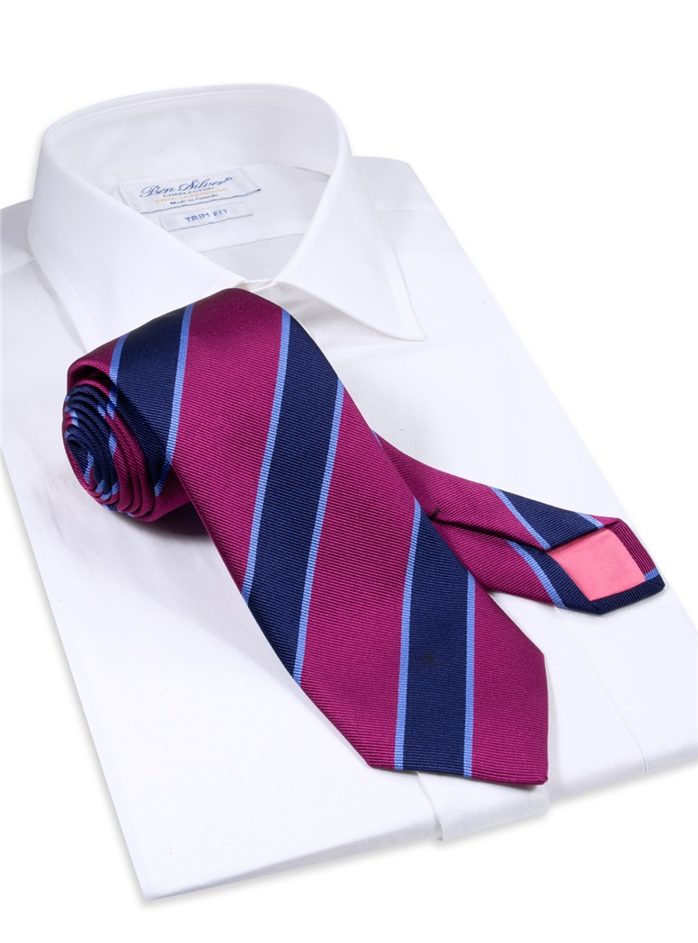 Silk Striped Tie in Magenta and Navy