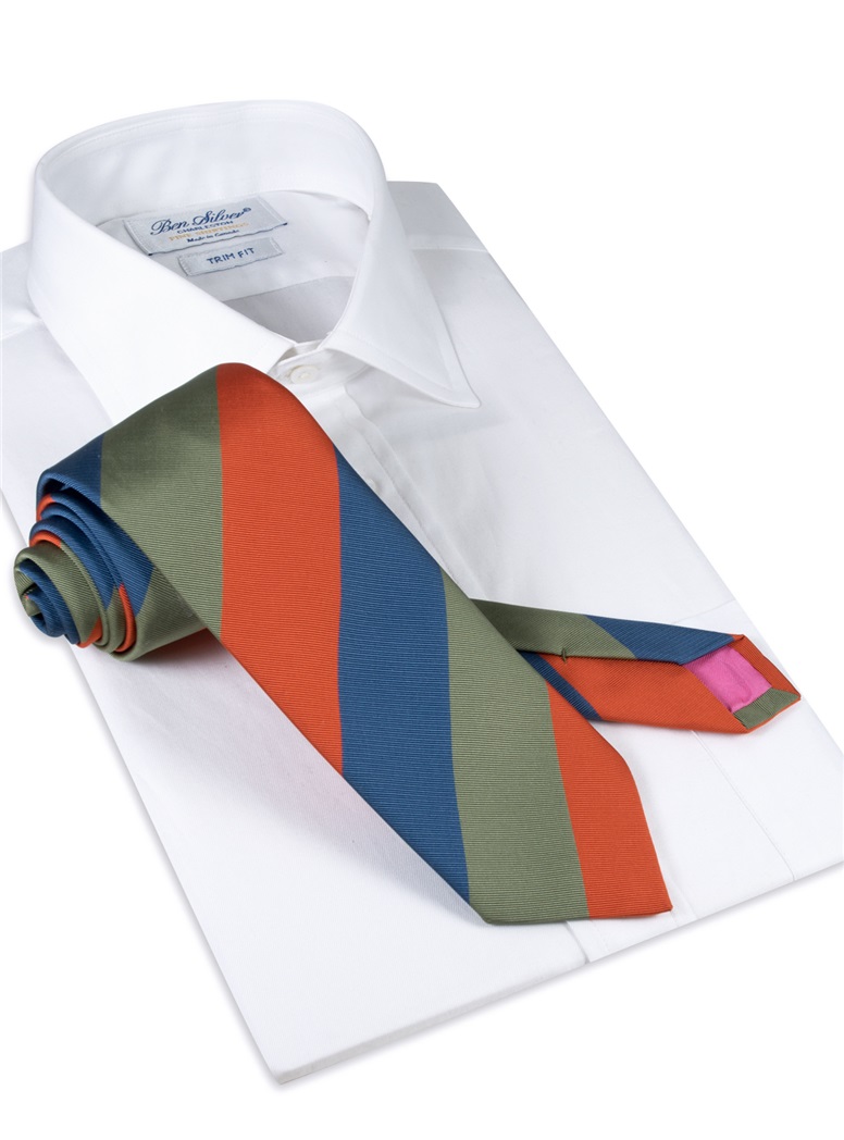 Mogador Block Stripe Tie in Tangerine, Olive and Denim