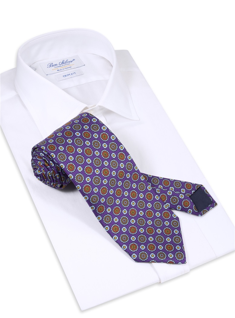 Silk Medallion Motif Printed Tie in Purple