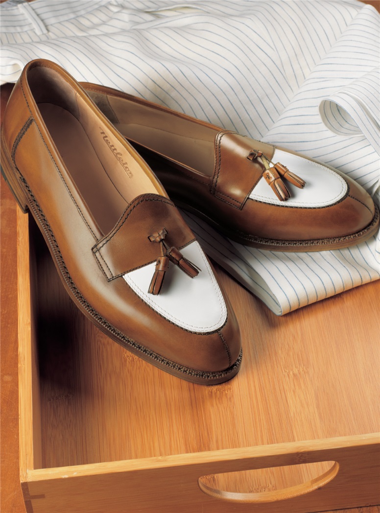 The Split Toe Tassel Loafer in Antique Tan and Cream