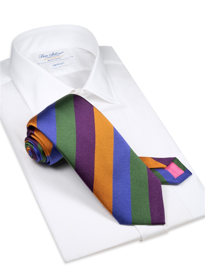 Silk Block Stripe Tie in Violet, Gold, Azure & Fern