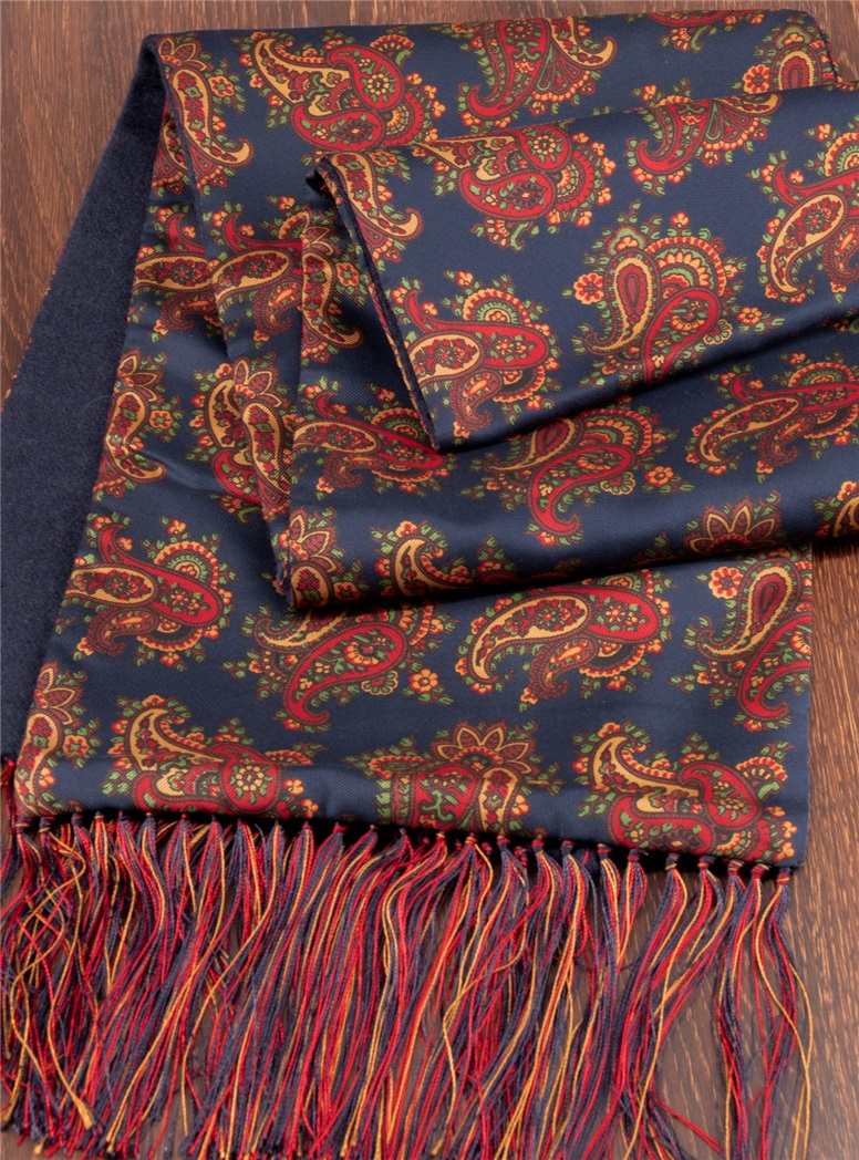 Silk Paisley Printed Scarf in Navy