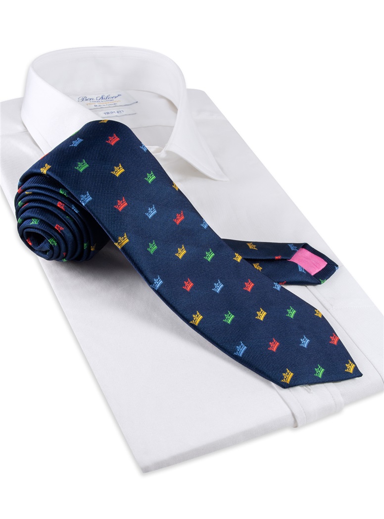 Silk Woven Crown Motif Tie in Navy