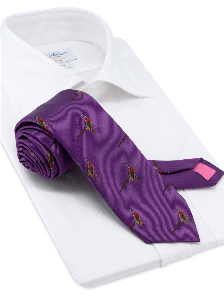 Silk Woven Pheasant Motif Tie in Purple