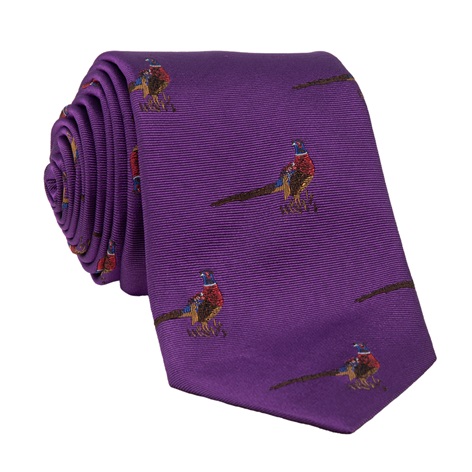Silk Woven Pheasant Motif Tie in Purple