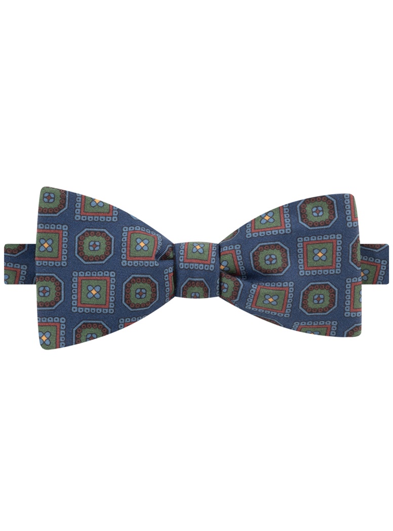 Silk Printed Medallion Motif Bow Tie in Navy