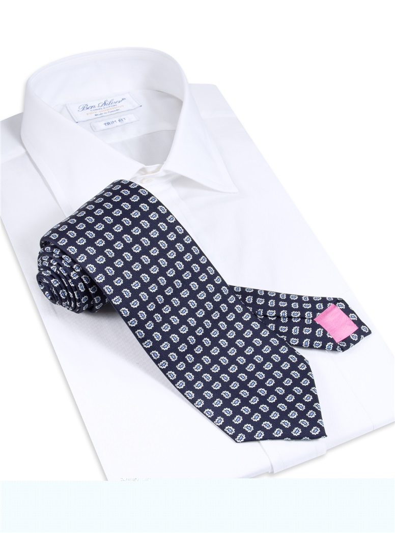 Silk Droplet Paisley Printed Tie in Navy