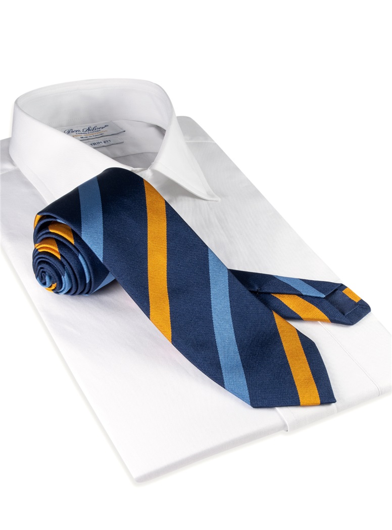 Silk Multi Stripe Tie in Navy and Gold