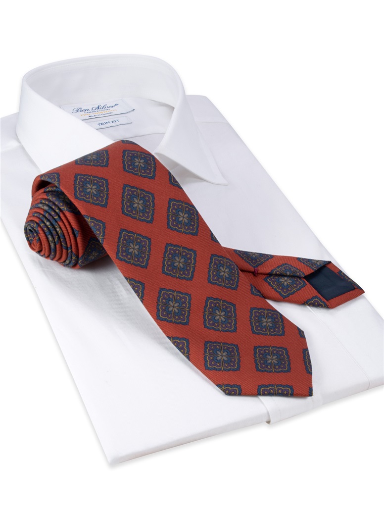 Silk Medallion Printed Tie in Burnt Orange