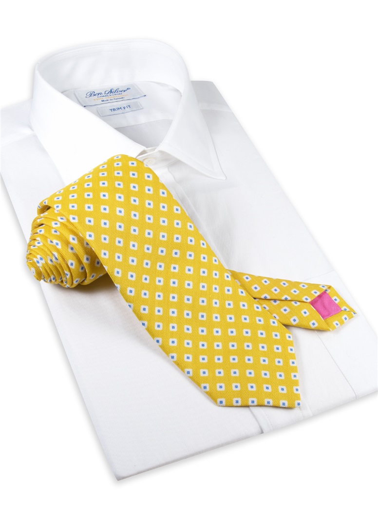 Silk and Linen Square Motif Printed Tie in Lemon