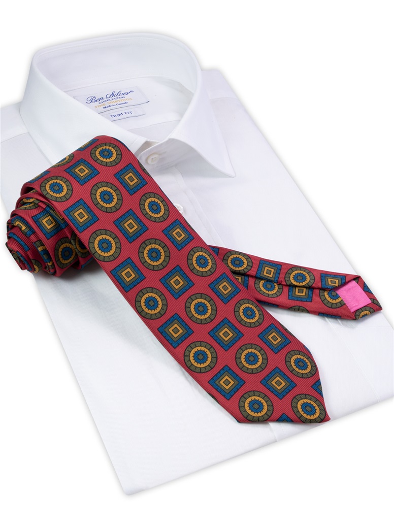 Silk Geometric Printed Tie in Red