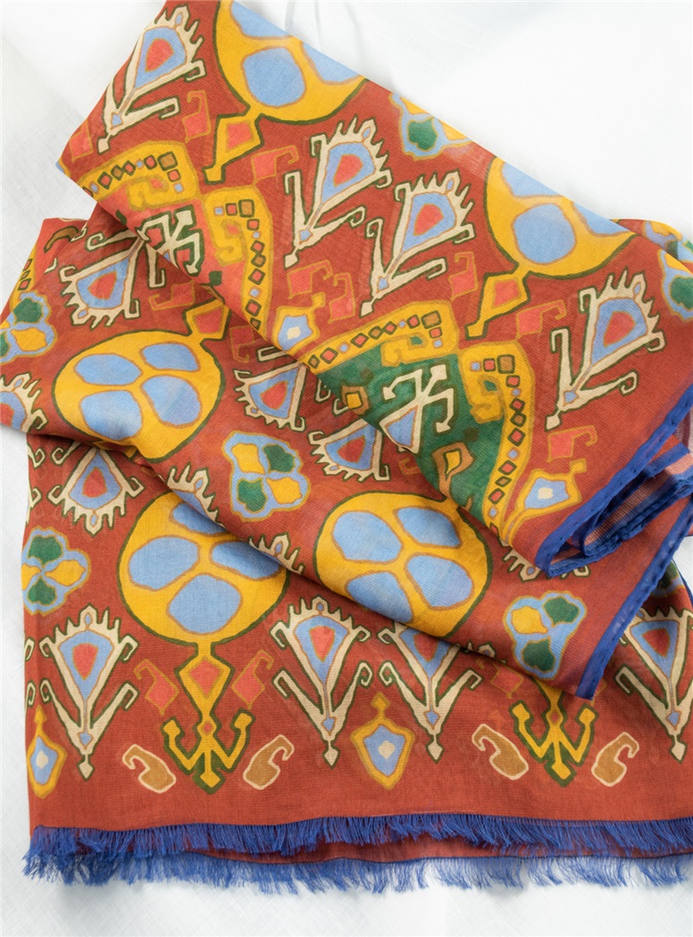 Cotton and Cashmere Blend Ikat Scarf in Brick