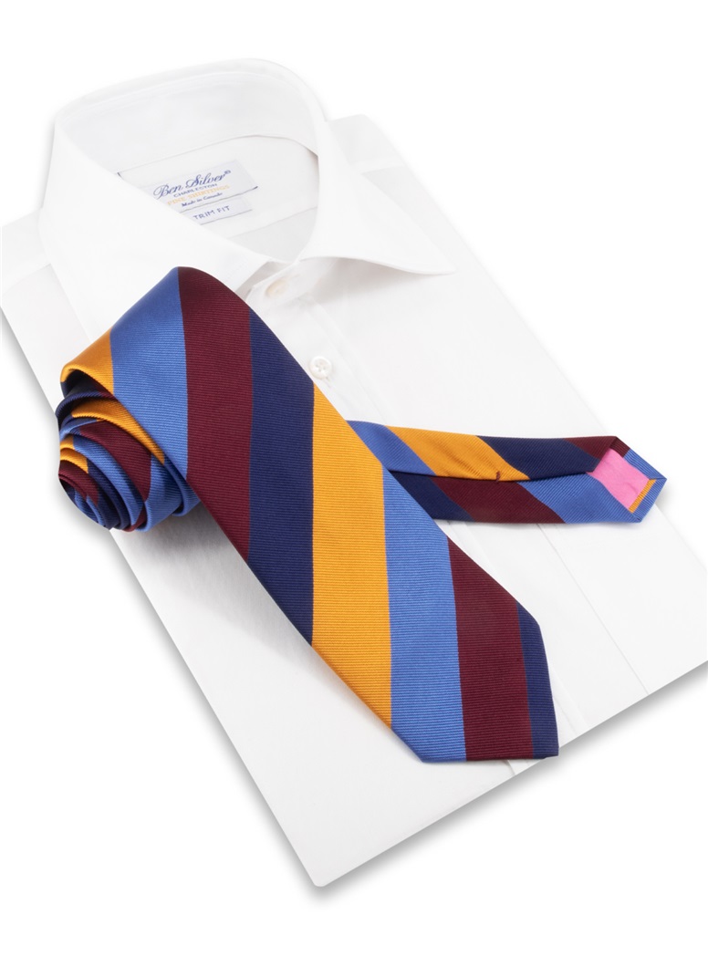 Silk Block Stripe Tie in Wine, Navy, and Gold