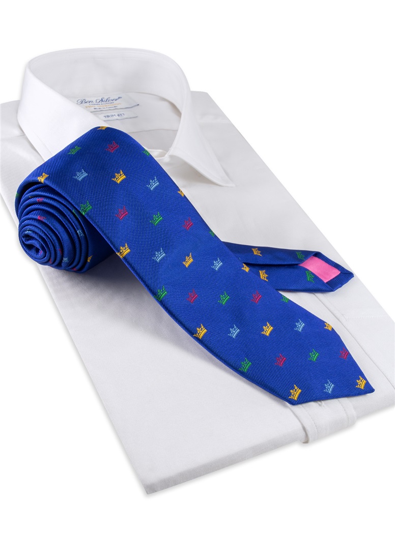 Silk Woven Crown Motif Tie in Cobalt