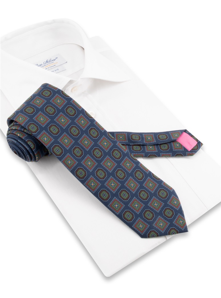 Silk Printed Medallion Motif Tie in Navy