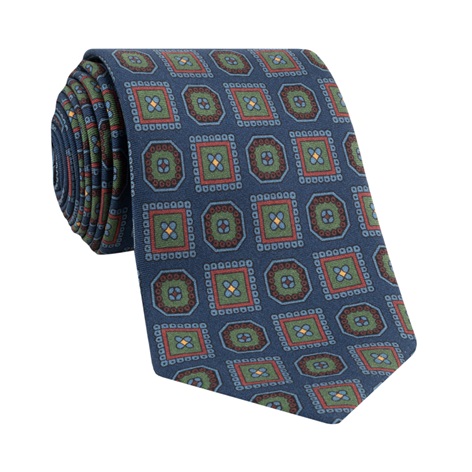 Silk Printed Medallion Motif Tie in Navy