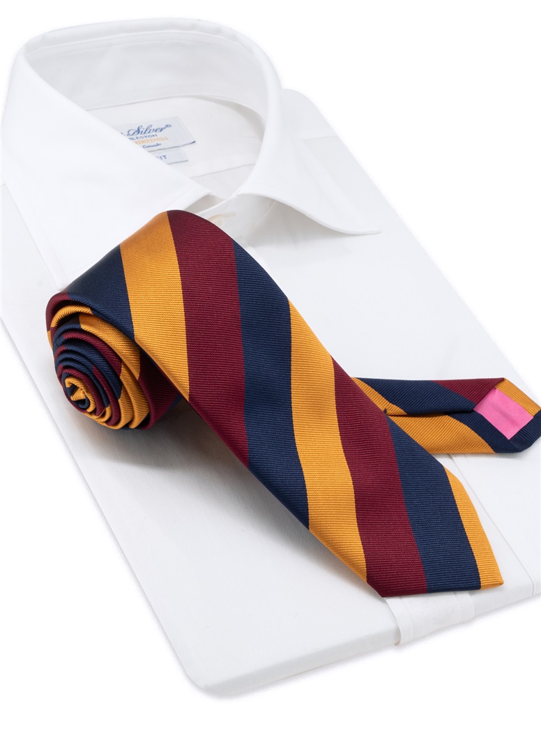 Silk Block Striped Tie in Navy, Amber, and Wine