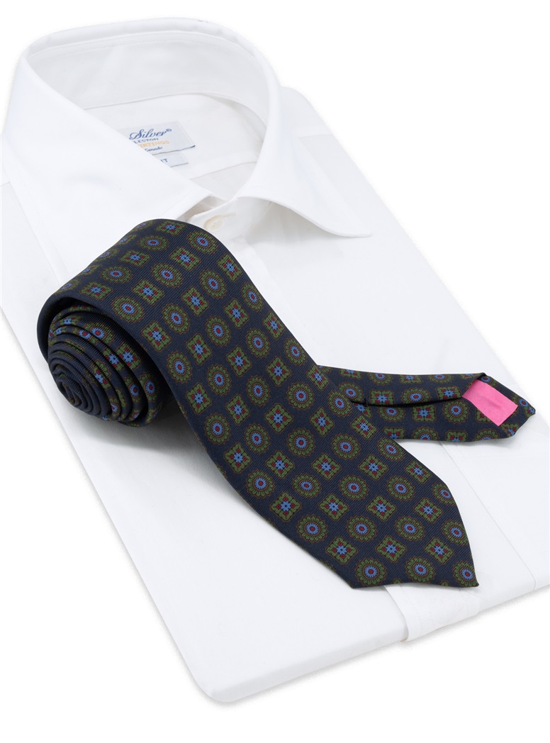 Silk Printed Madder Tie in Navy