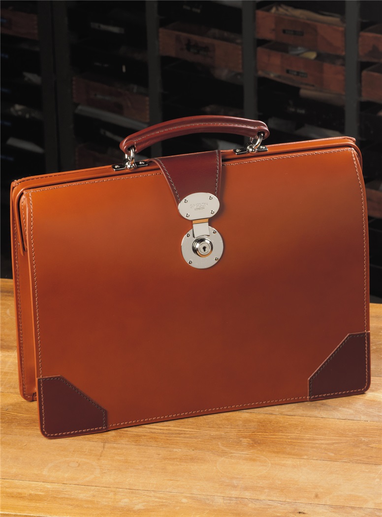 Top Frame Document Case in Hazel Bridle Leather with Chestnut Trim