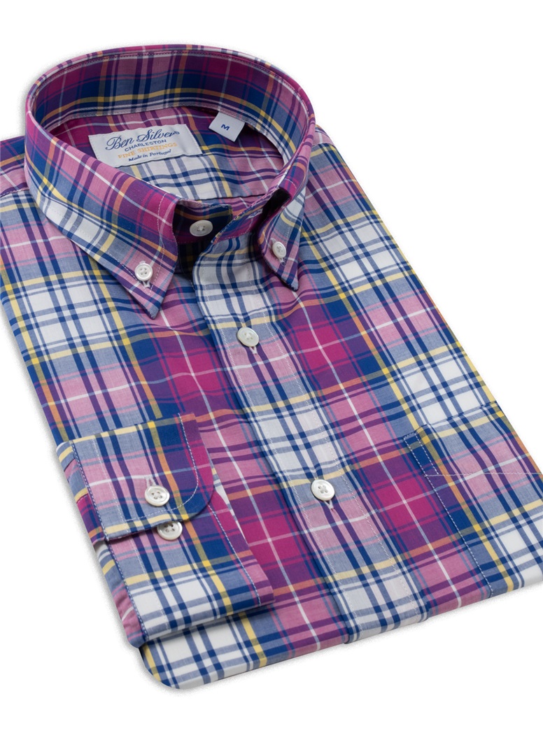 Navy, Magenta, and Yellow Plaid Button Down