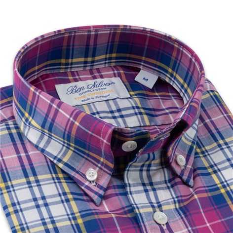 Navy, Magenta, and Yellow Plaid Button Down