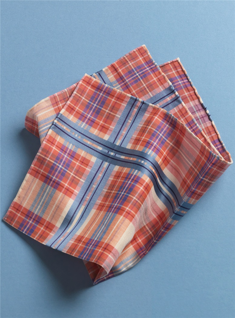 Coral and Sky Blue Plaid Cotton Pocket Square