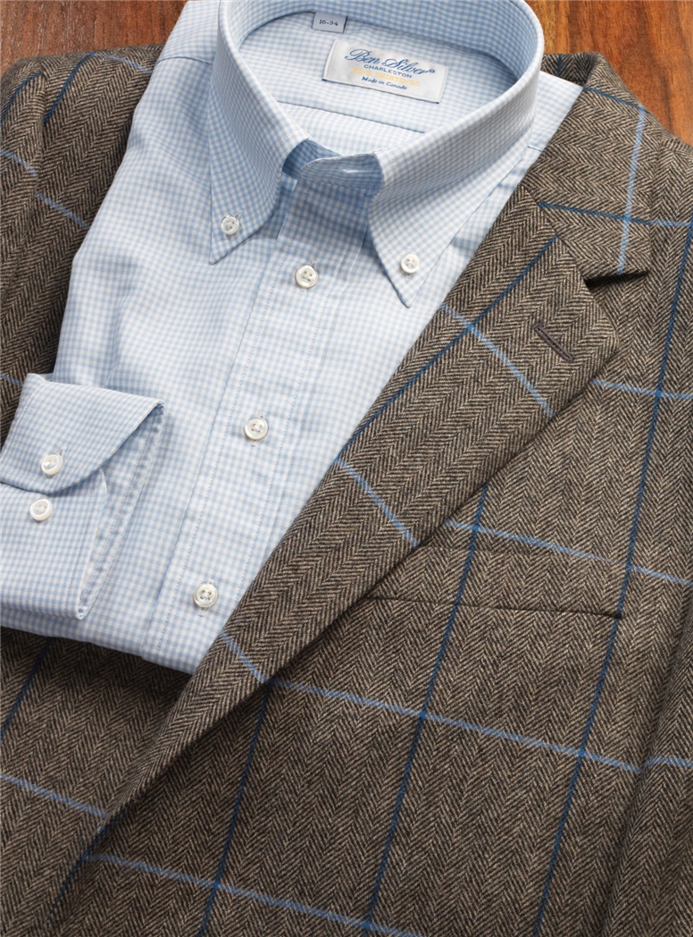Grey Herringbone with Navy and Sky Windowpane