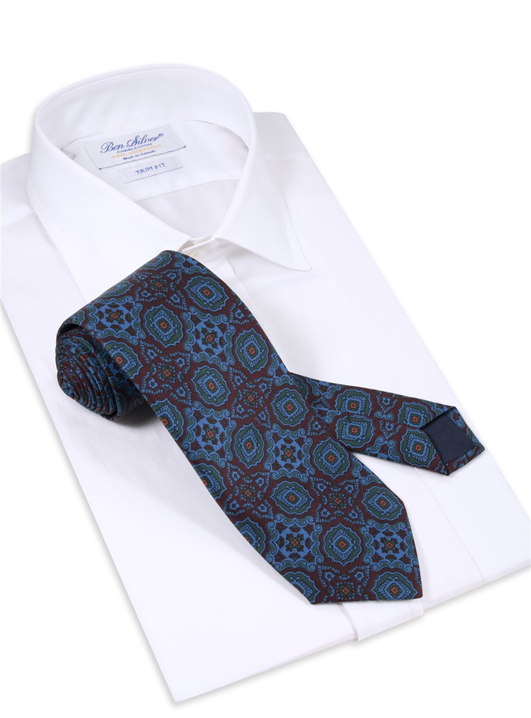 Silk Medallion Motif Printed Tie in Wine