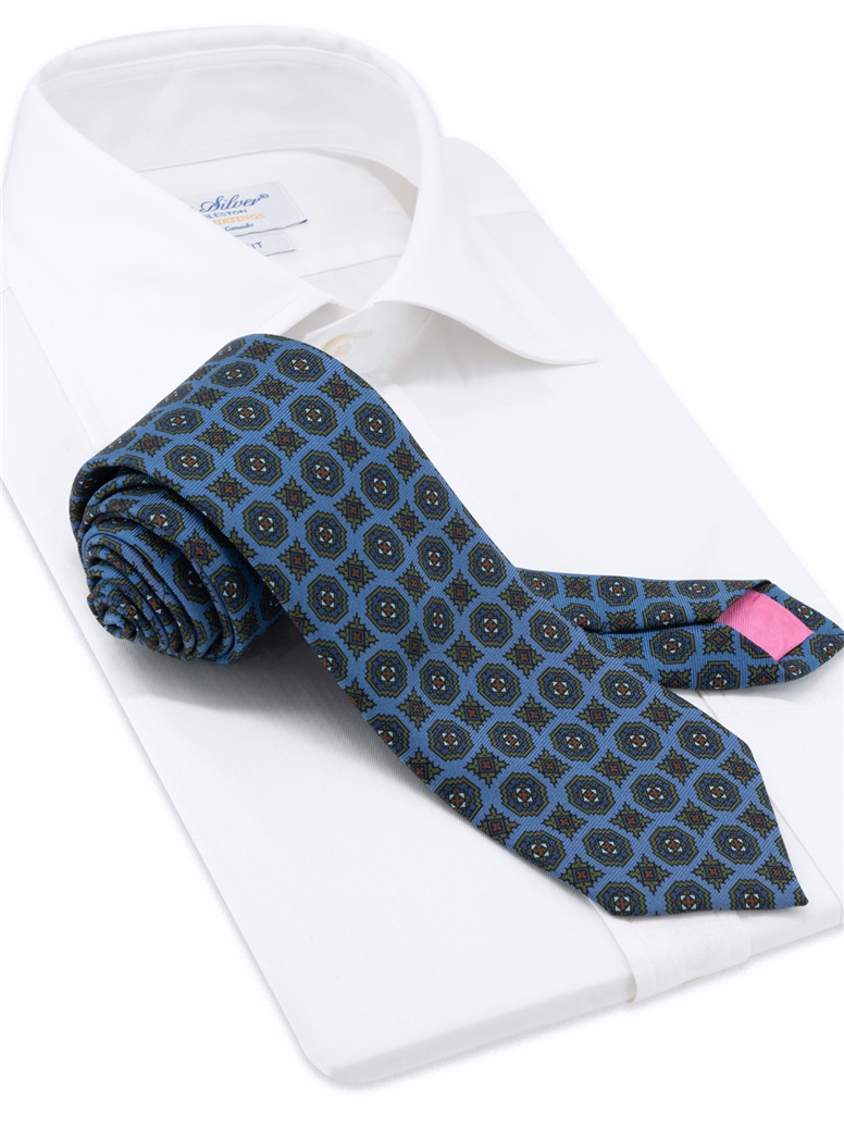 Silk Printed Medallion Motif Tie in Cobalt