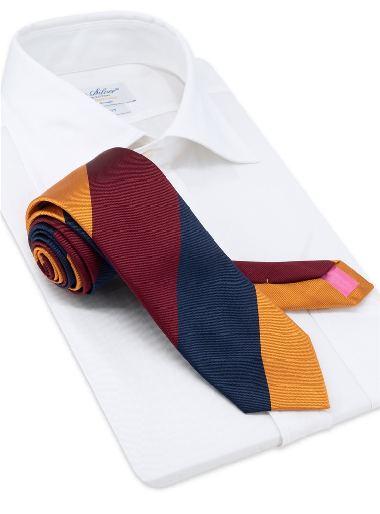 Silk Block Striped Tie in Wine, Navy, and Gold