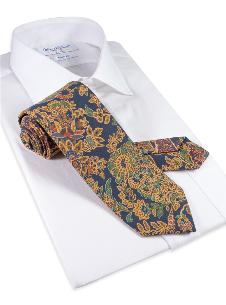 Silk Floral Printed Tie in Navy