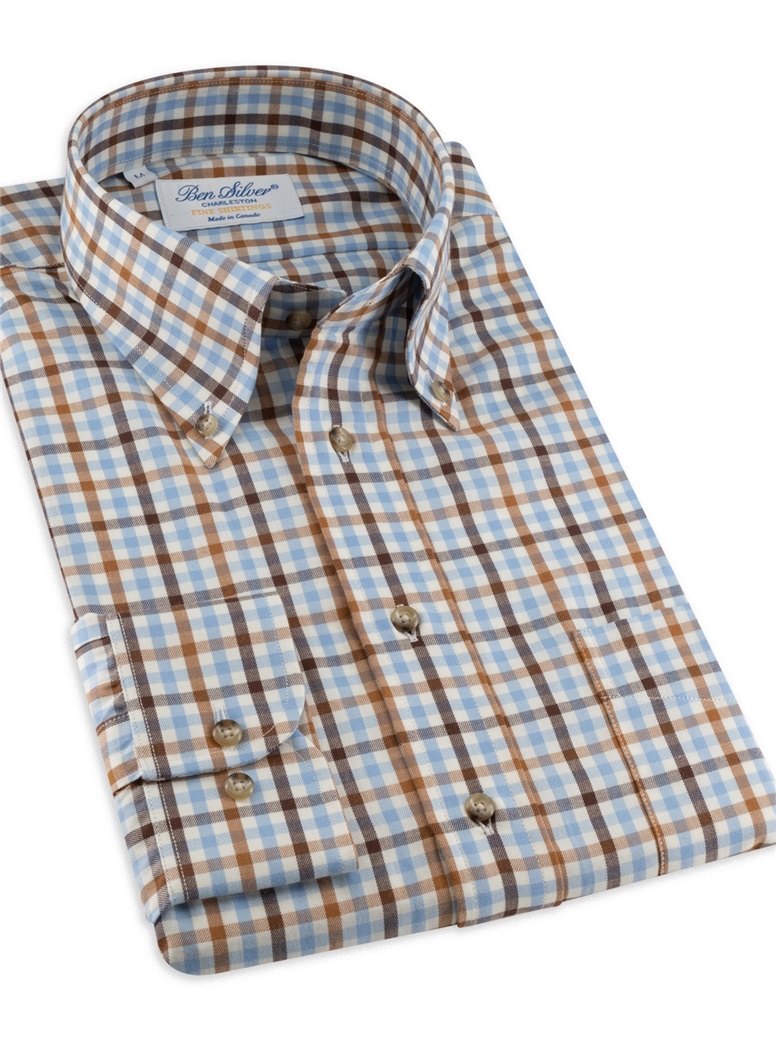 Sky and Brown Check Brushed Cotton Button Down
