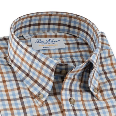 Sky and Brown Check Brushed Cotton Button Down
