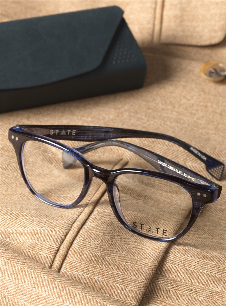 Taylor Rounded Brow Semi-Square Frame in Denim Plaid