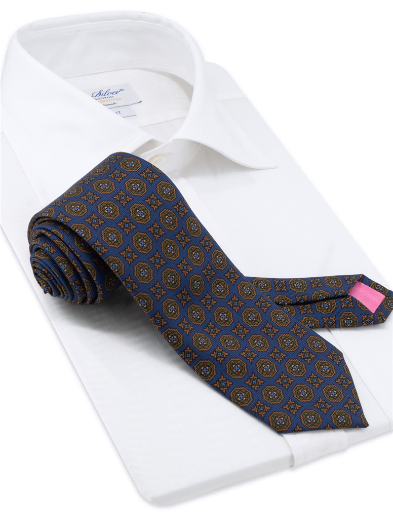 Silk Printed Medallion Motif Tie in Denim