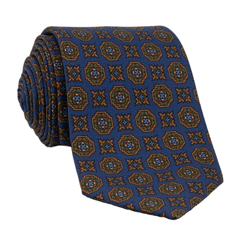 Silk Printed Medallion Motif Tie in Denim