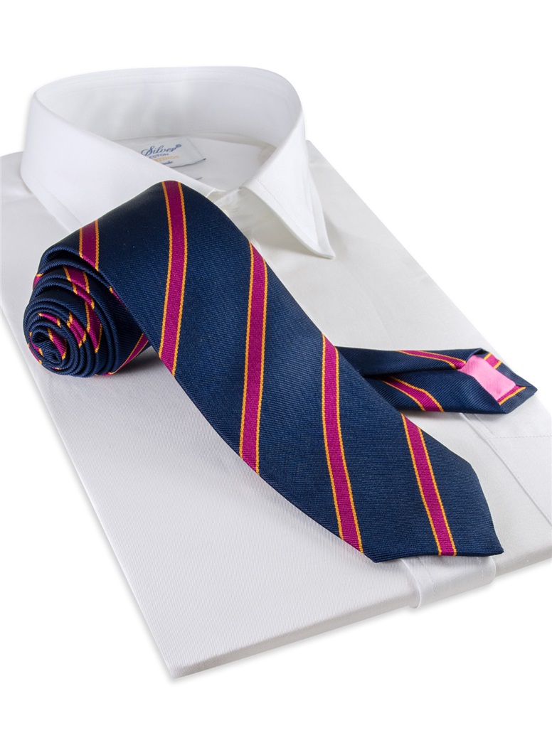 Silk Stripe Tie in Navy and Fuchsia